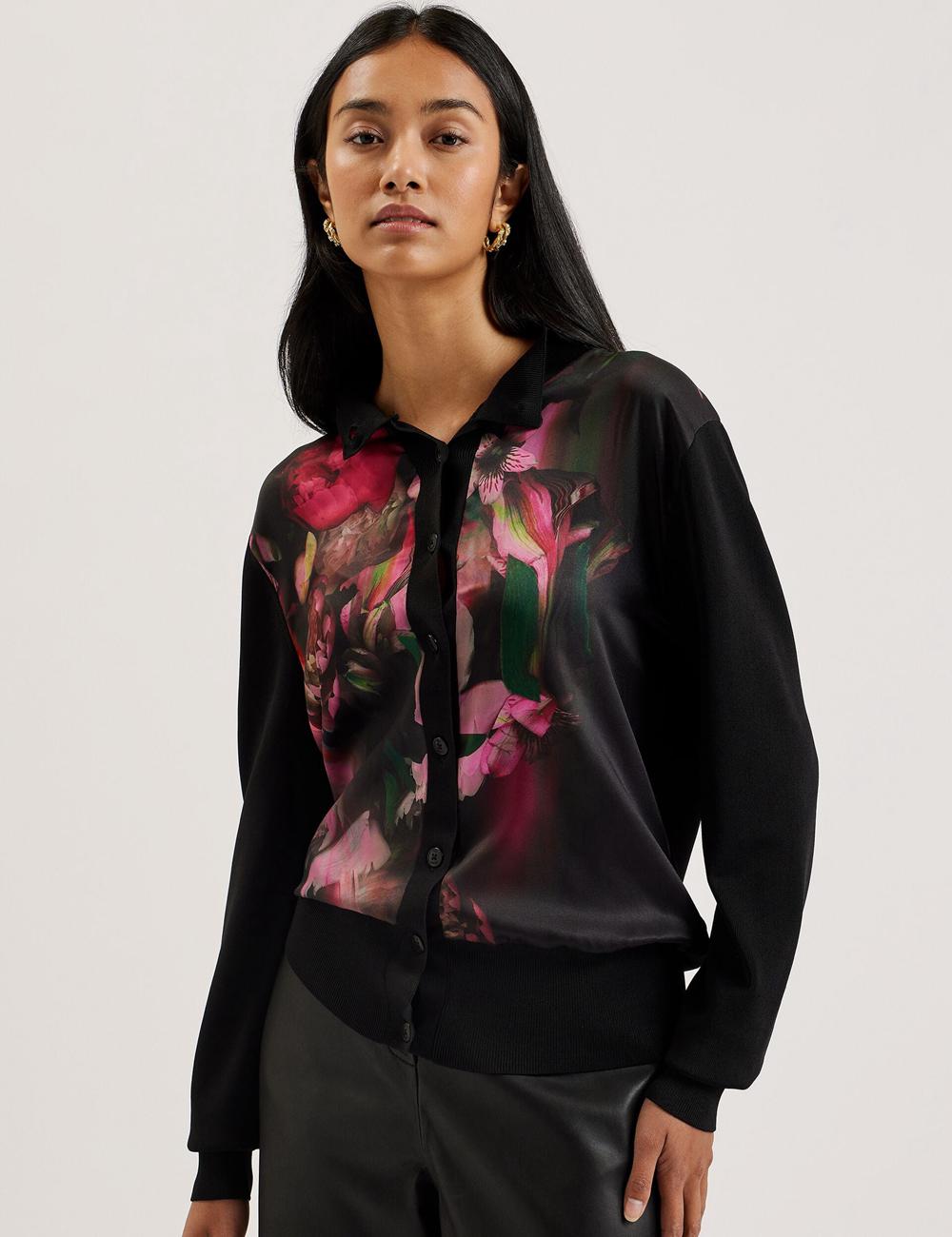 Women Ted Baker GEMHAA - Printed Panel Long Sleeve Cardigans Black | KSA  7216-MUAZG