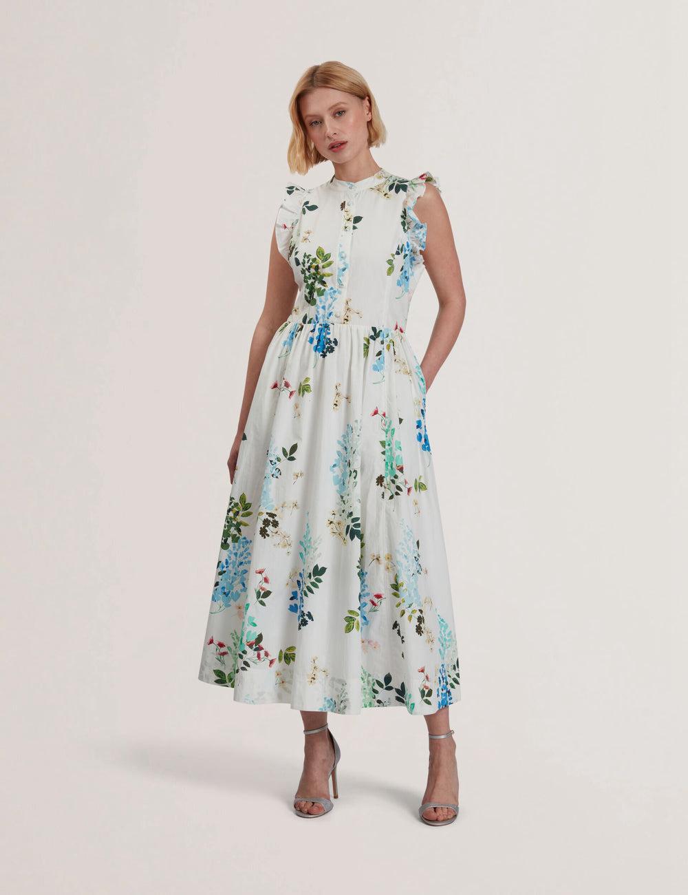 Women Ted Baker GIOLIA - Sleeveless Floral Cotton A-Line Midi Dresses White | KSA  7850-QDLVN