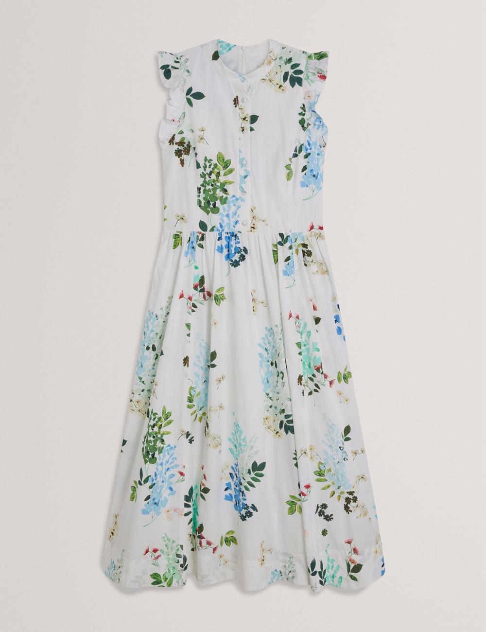 Women Ted Baker GIOLIA - Sleeveless Floral Cotton A-Line Midi Dresses White | KSA  7850-QDLVN