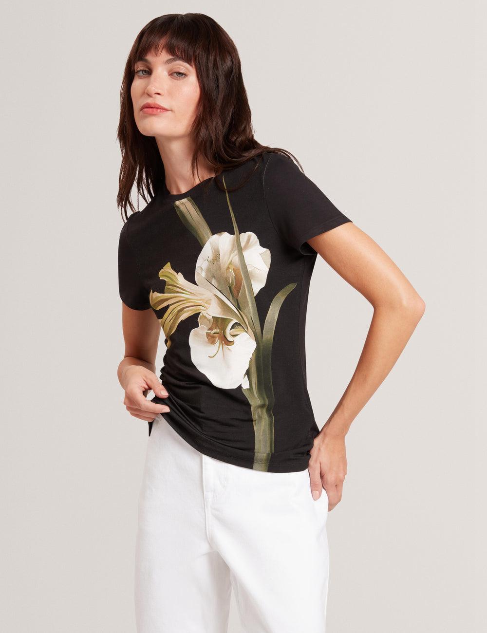 Women Ted Baker GORGAA - Floral Graphic Fitted Short Sleeve T-Shirts Black | KSA  0413-QKOCZ
