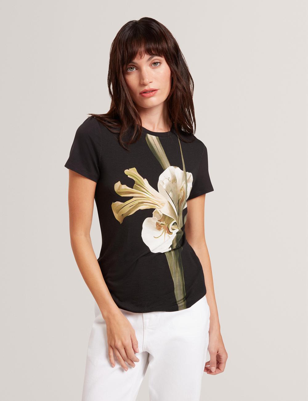 Women Ted Baker GORGAA - Floral Graphic Fitted Short Sleeve T-Shirts Black | KSA  0413-QKOCZ