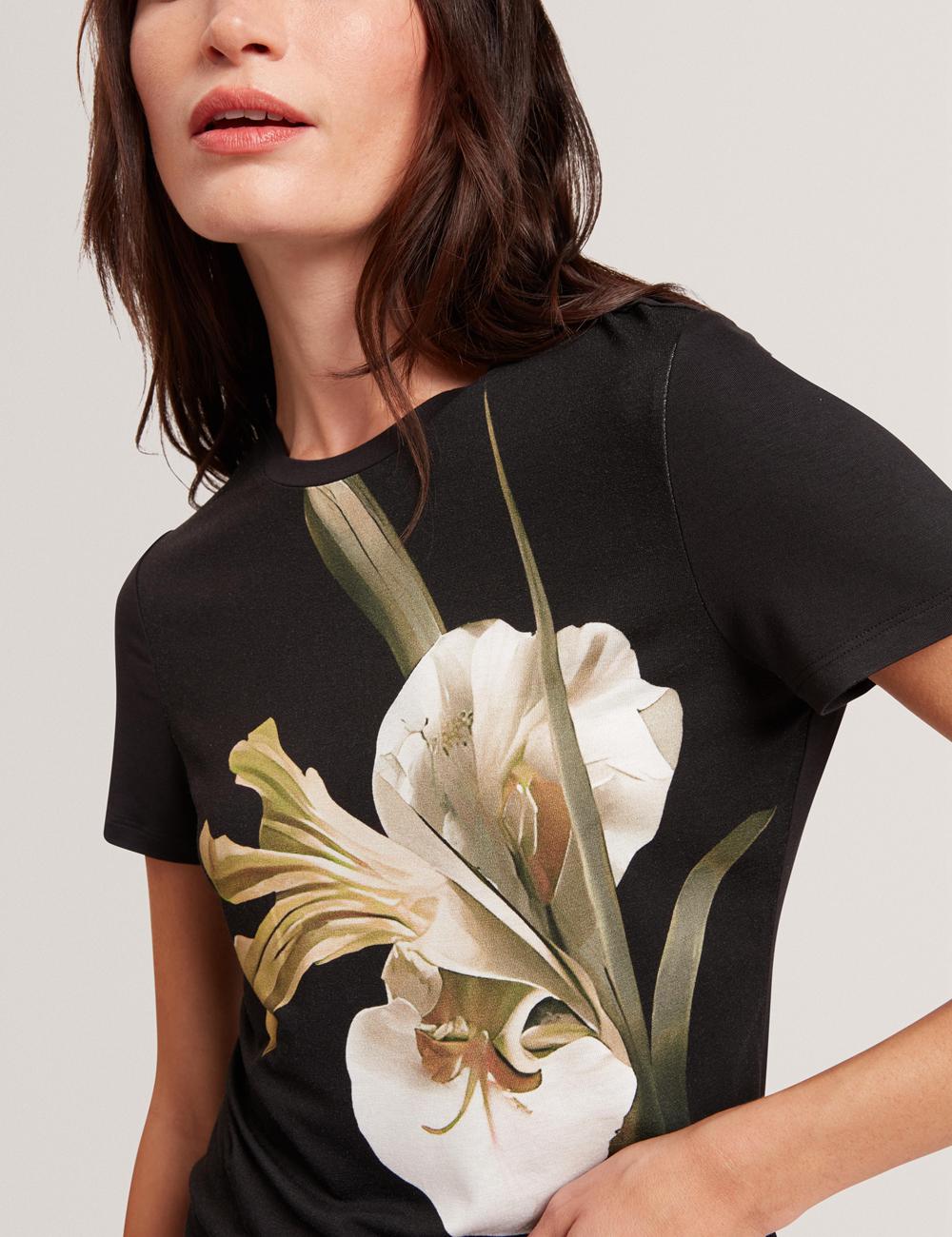 Women Ted Baker GORGAA - Floral Graphic Fitted Short Sleeve T-Shirts Black | KSA  0413-QKOCZ