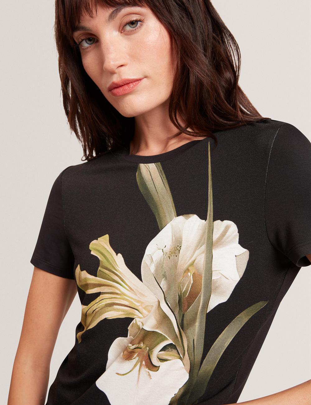 Women Ted Baker GORGAA - Floral Graphic Fitted Short Sleeve T-Shirts Black | KSA  0413-QKOCZ