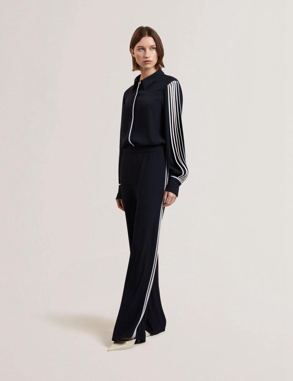 Women Ted Baker GORJJA - Piping Detail Wide Leg Crepe Trousers Navy | KSA  8392-YTIVB