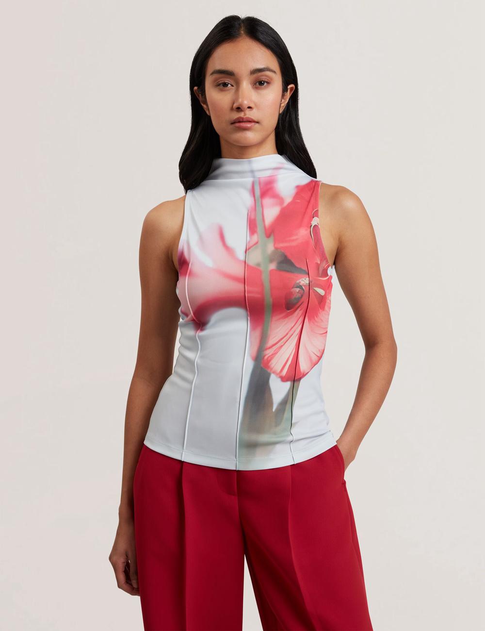 Women Ted Baker HARPLNN - Floral High Neck Jersey Tank Tops Blue | KSA  2149-RCXJI
