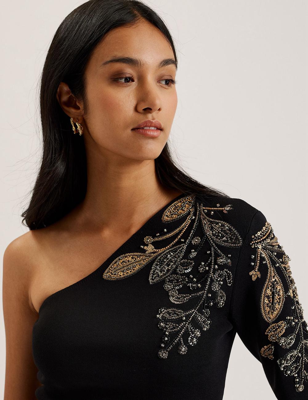 Women Ted Baker HEATHRR - One Shoulder Embellished Detail Tops Black | KSA  7461-EAKMX