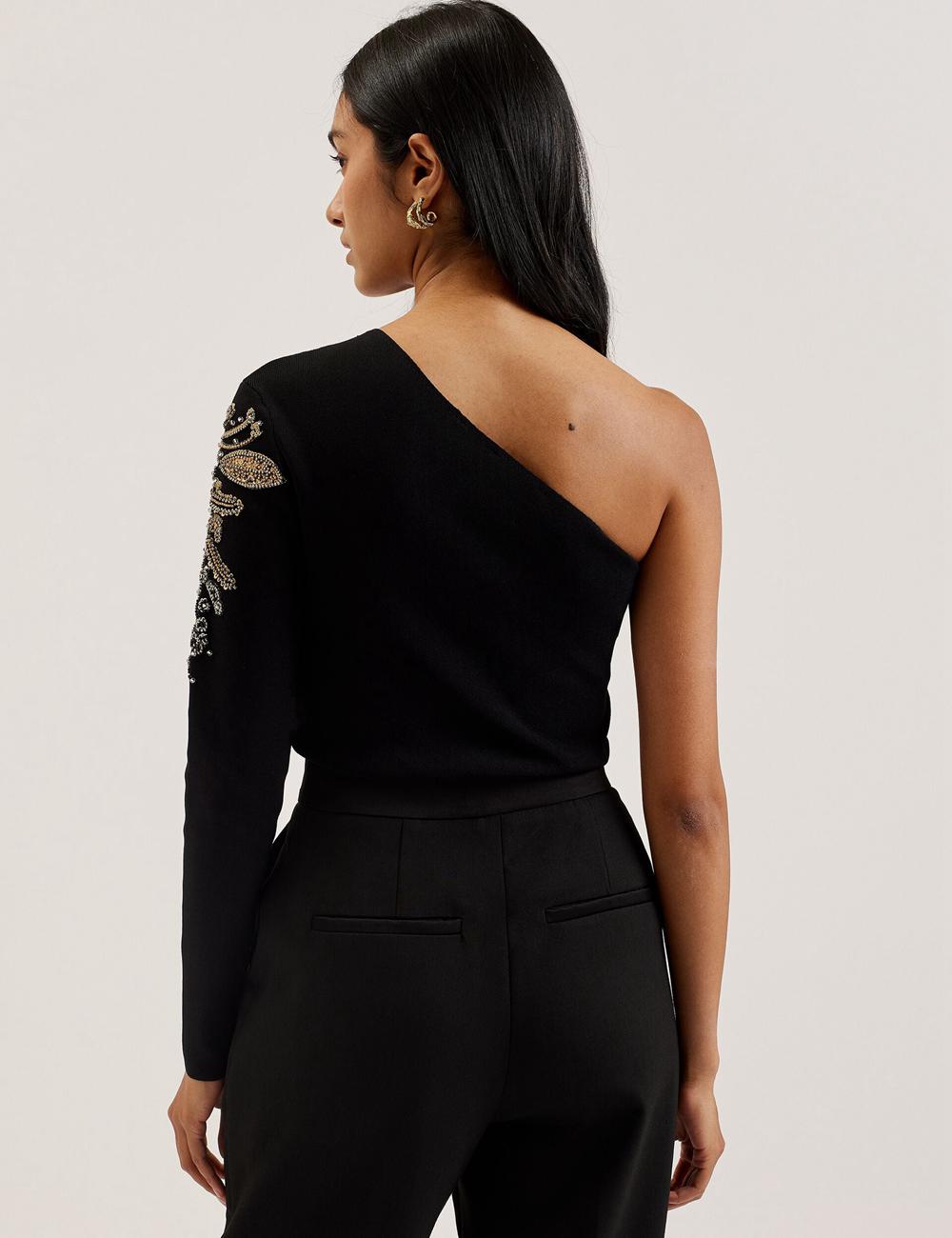 Women Ted Baker HEATHRR - One Shoulder Embellished Detail Tops Black | KSA  7461-EAKMX