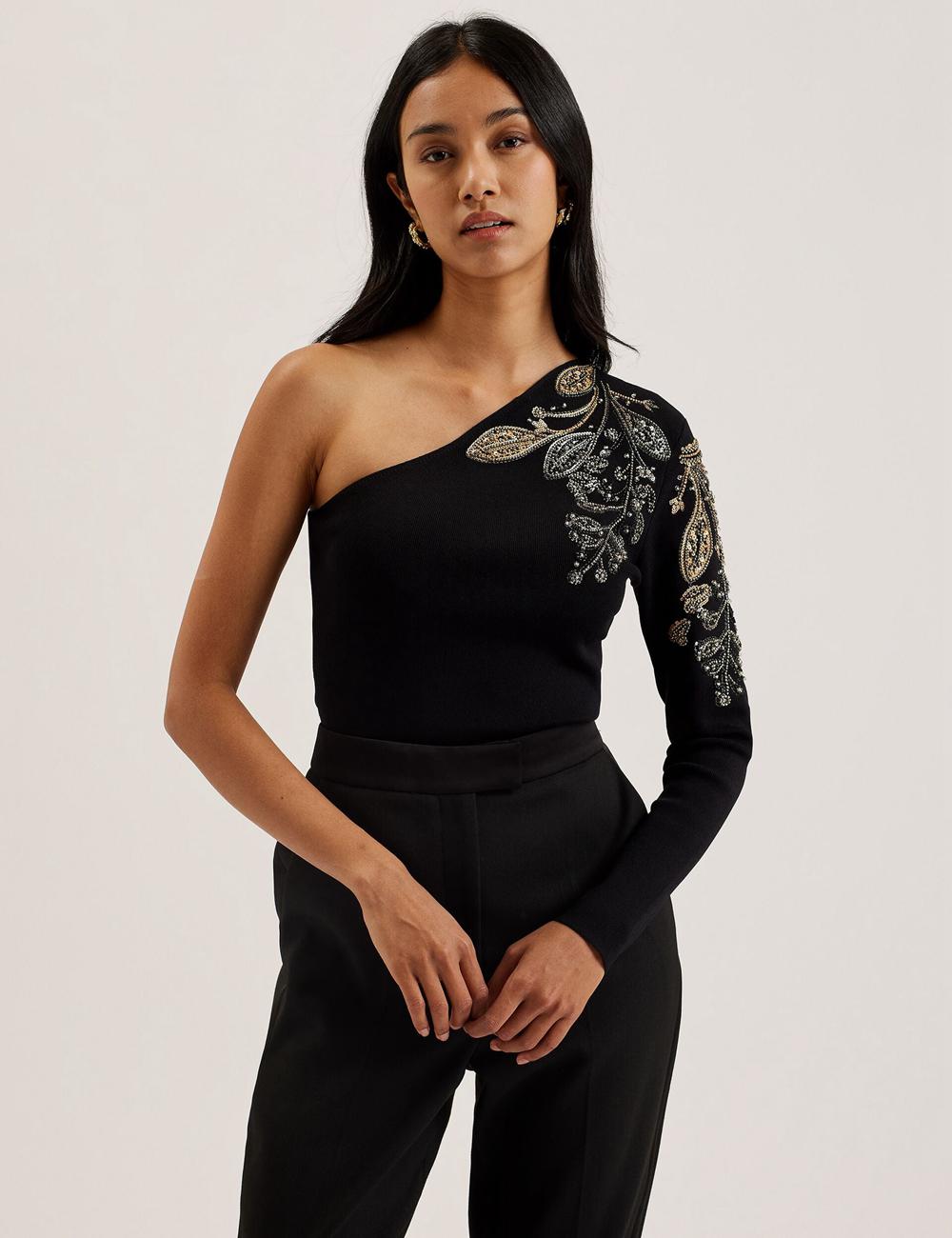 Women Ted Baker HEATHRR - One Shoulder Embellished Detail Tops Black | KSA  7461-EAKMX