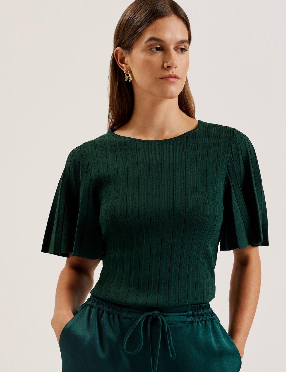 Women Ted Baker IIVANNA - Ribbed Knit Top With Fluted Short Sleeves Jumpers Dk-Green | KSA  7356-YBDST
