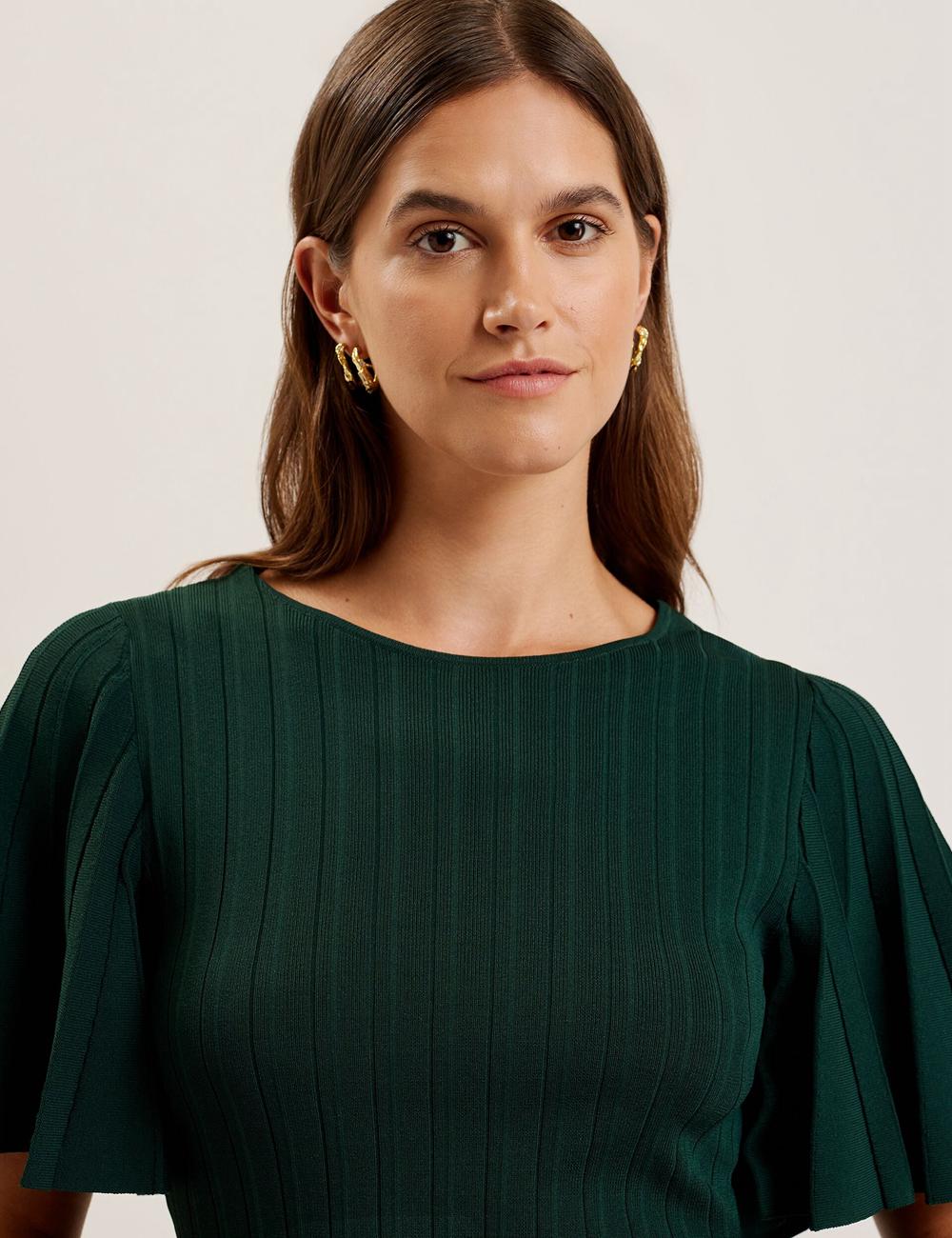 Women Ted Baker IIVANNA - Ribbed Knit Top With Fluted Short Sleeves Jumpers Dk-Green | KSA  7356-YBDST