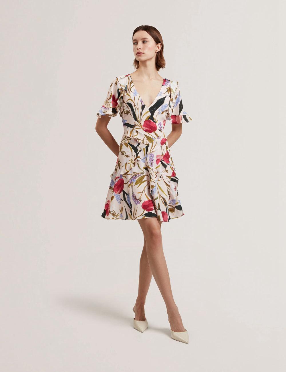 Women Ted Baker ISSIIA - Frill Trim Floral Short Sleeve Mini Dresses Pink | KSA  7596-SUZXG