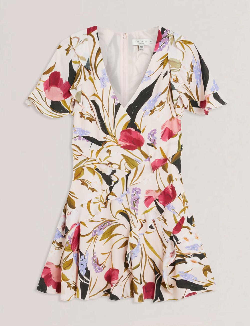Women Ted Baker ISSIIA - Frill Trim Floral Short Sleeve Mini Dresses Pink | KSA  7596-SUZXG