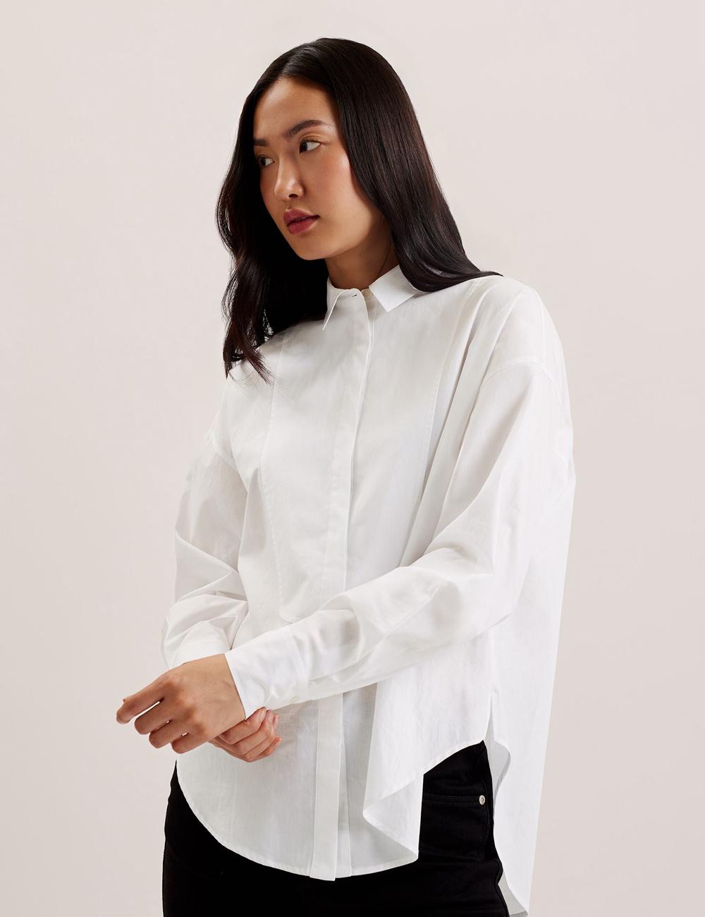 Women Ted Baker IZOTE - Oversized Drop Shoulder Bib Detail Casual Shirts White | KSA  3246-HQUGJ