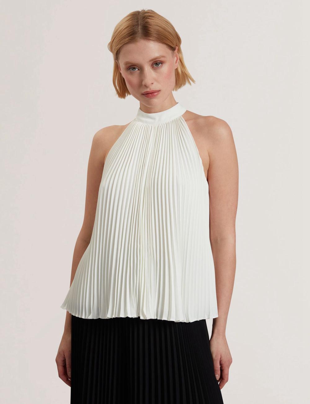 Women Ted Baker JAMAYA - High Halter Neck Pleated Sleeveless Tops Ivory | KSA  8514-RYVNU