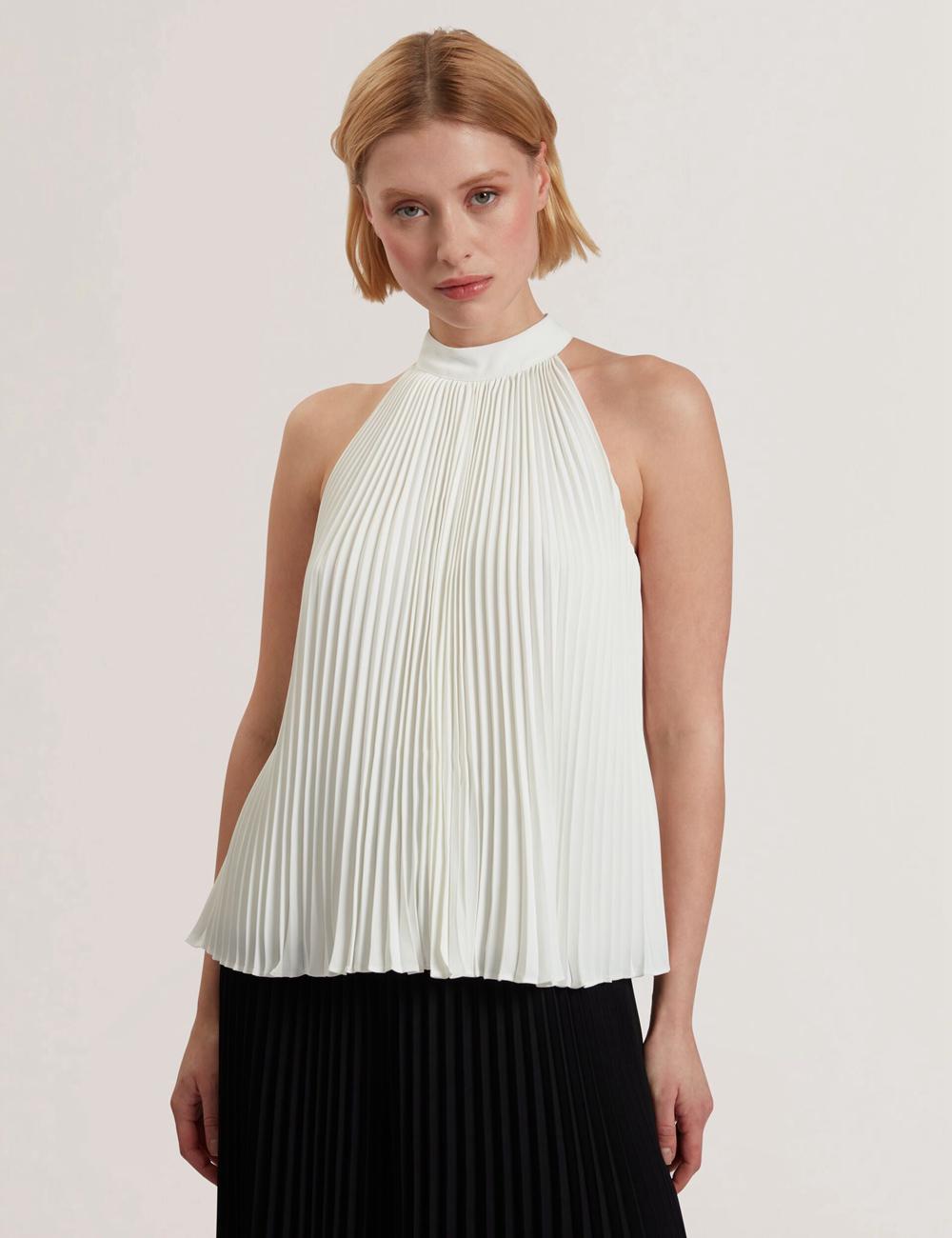 Women Ted Baker JAMAYA - High Halter Neck Pleated Sleeveless Tops Ivory | KSA  8514-RYVNU