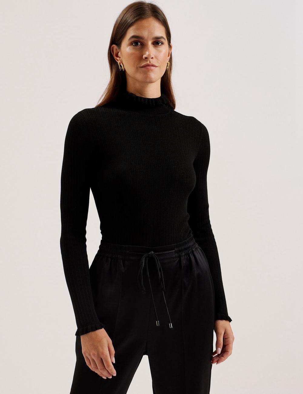 Women Ted Baker JANITTT - Ruffle Trim High Neck Ribbed Jumpers Black | KSA  2316-VFPKQ
