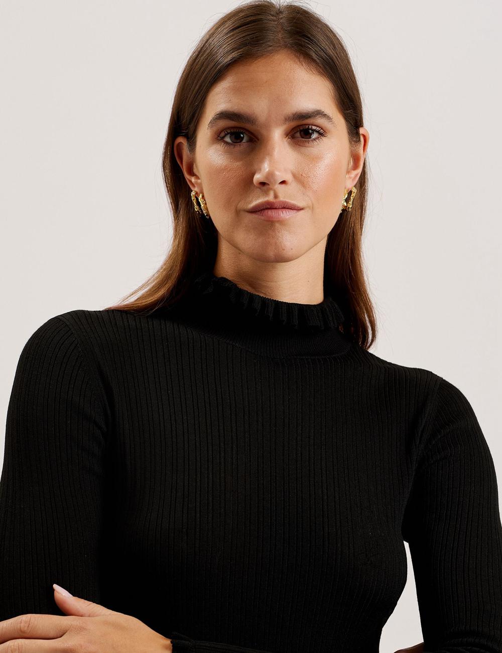 Women Ted Baker JANITTT - Ruffle Trim High Neck Ribbed Jumpers Black | KSA  2316-VFPKQ