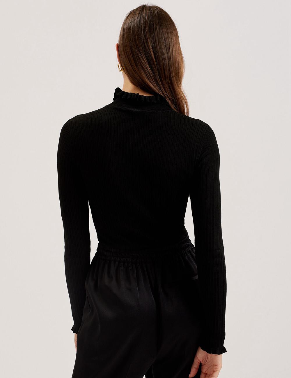 Women Ted Baker JANITTT - Ruffle Trim High Neck Ribbed Jumpers Black | KSA  2316-VFPKQ