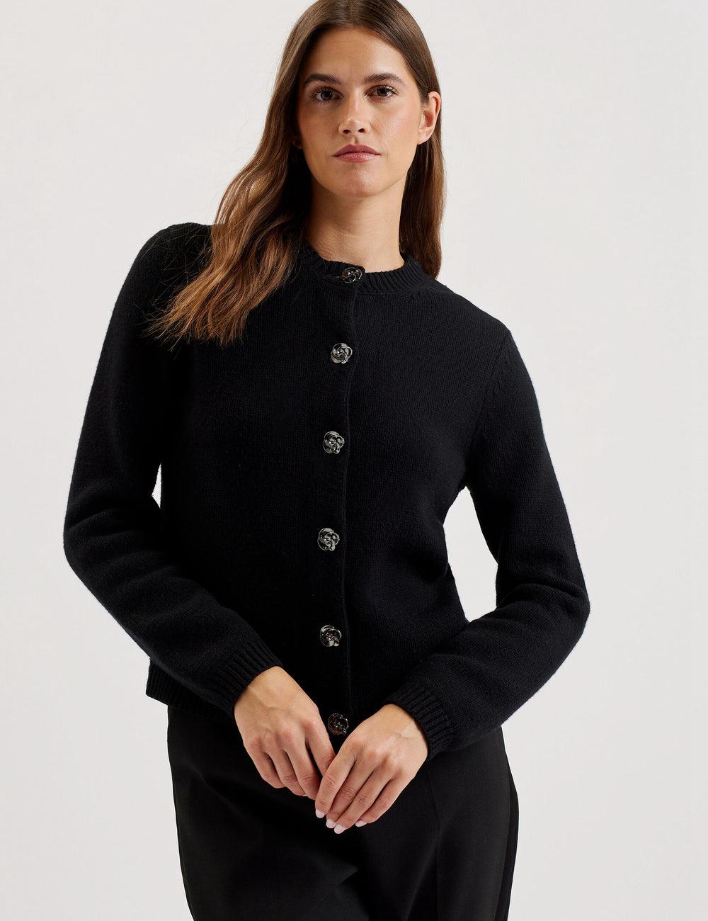 Women Ted Baker JAYCEY - Rose Button Knitted Crew Neck Cardigans Black | KSA  5901-GRPQL