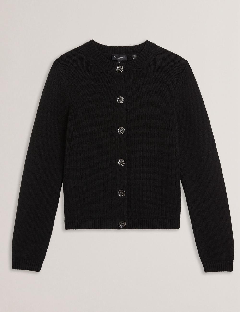 Women Ted Baker JAYCEY - Rose Button Knitted Crew Neck Cardigans Black | KSA  5901-GRPQL