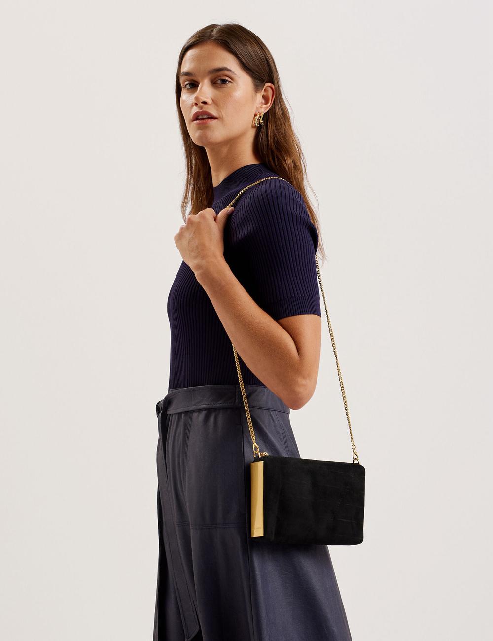 Women Ted Baker JEINER - Suede Clutch With Hardware Sides Clutch Bag Black | KSA  7015-SXYNW