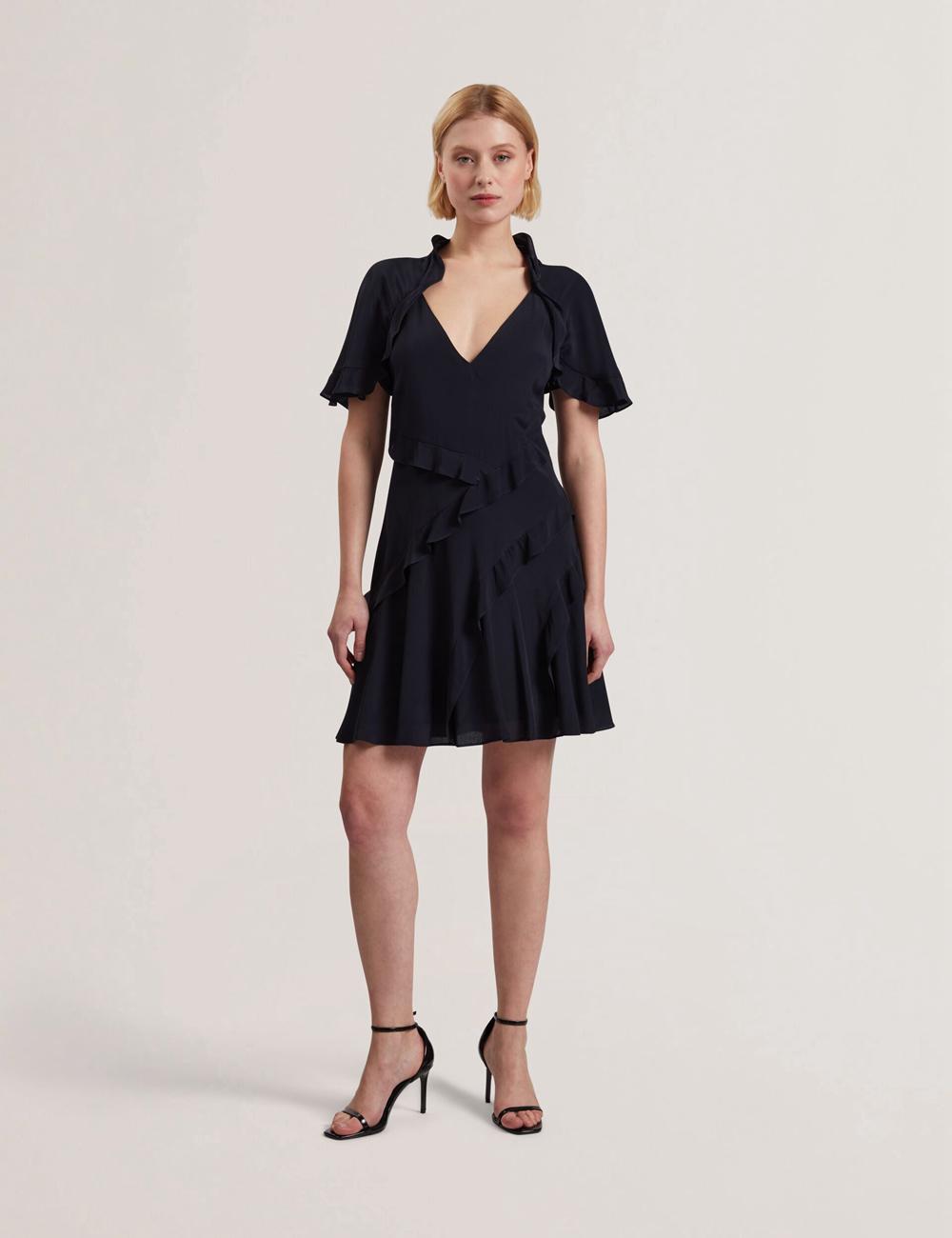 Women Ted Baker JOJII - Frill Trim Angel Sleeve Mini Dresses Navy | KSA  6840-CENRY