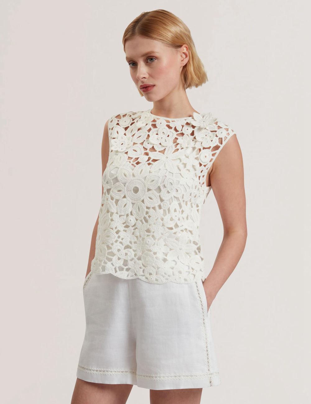 Women Ted Baker JOYYRA - Floral Crochet Knit Sleeveless Tops White | KSA  0148-SCADL