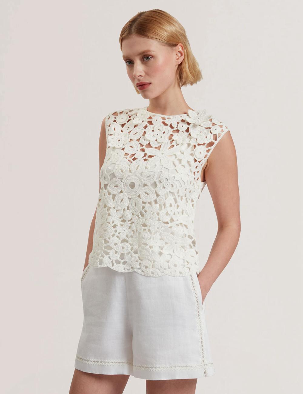 Women Ted Baker JOYYRA - Floral Crochet Knit Sleeveless Tops White | KSA  0148-SCADL