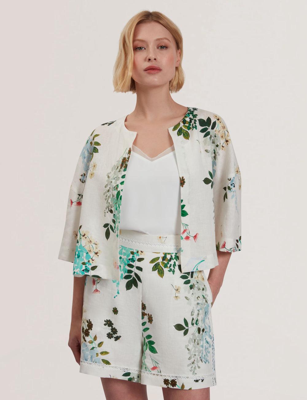 Women Ted Baker KALNA - Printed Linen Short Sleeve Cropped Shirt Tops White | KSA  2891-WDVHN