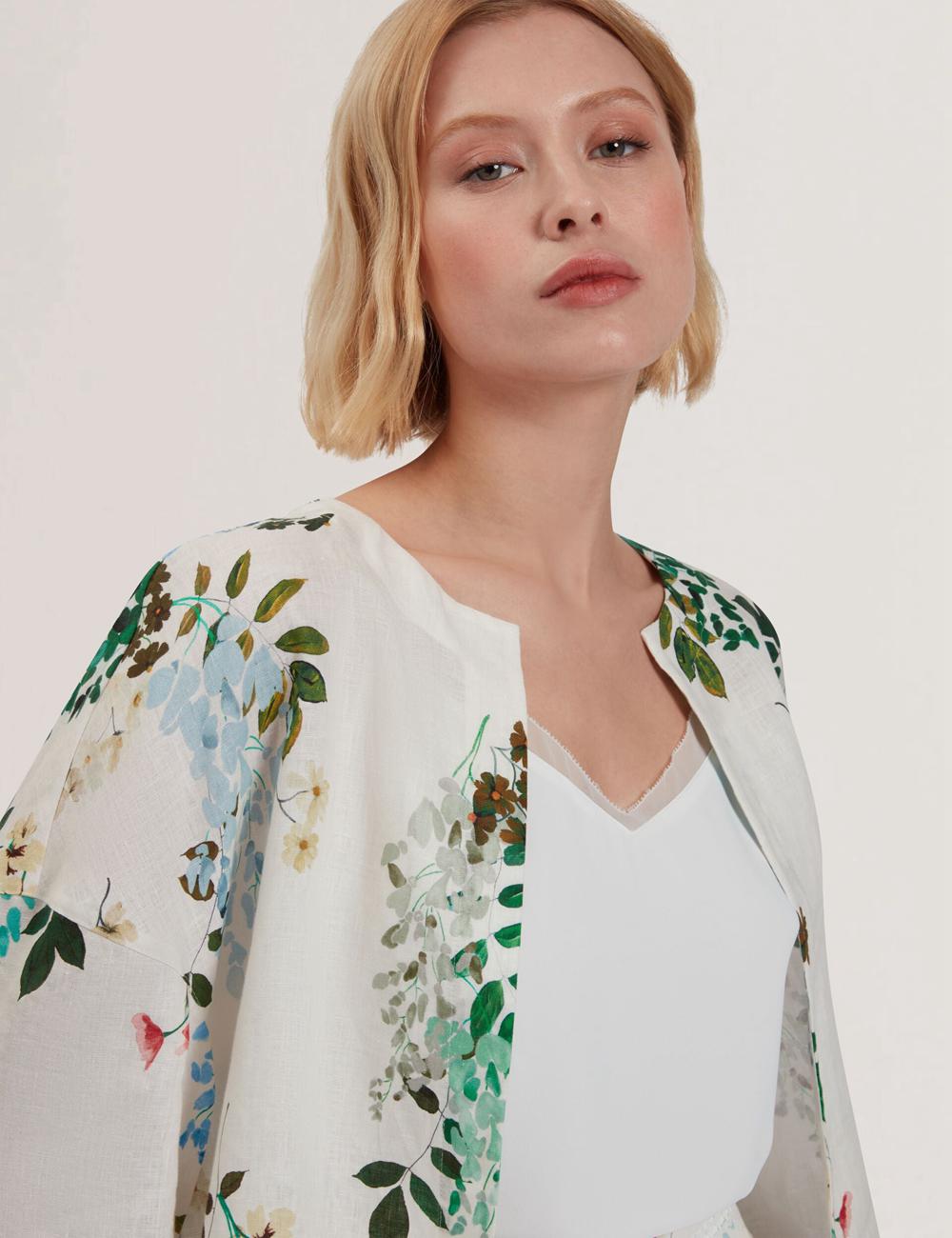 Women Ted Baker KALNA - Printed Linen Short Sleeve Cropped Shirt Tops White | KSA  2891-WDVHN