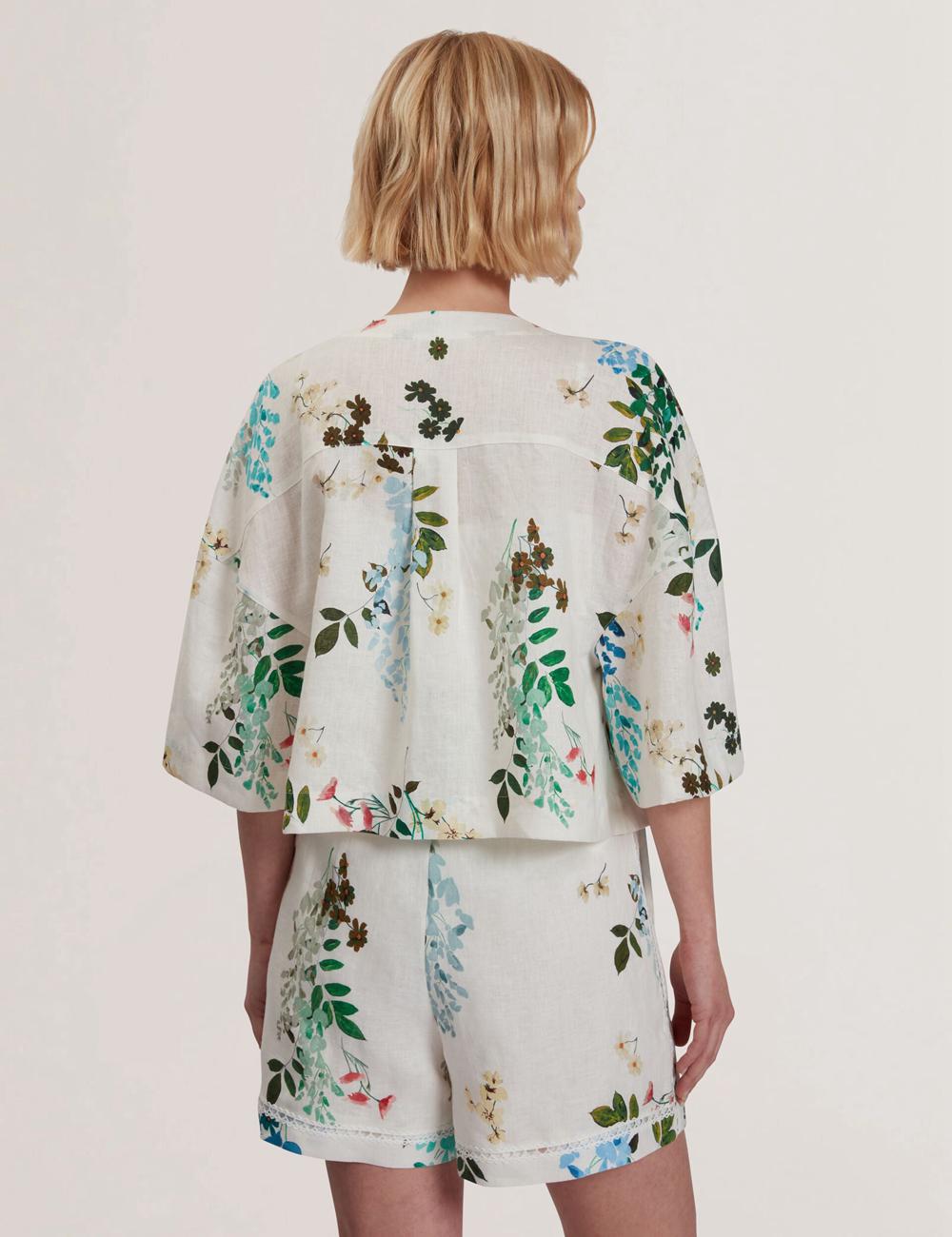 Women Ted Baker KALNA - Printed Linen Short Sleeve Cropped Shirt Tops White | KSA  2891-WDVHN