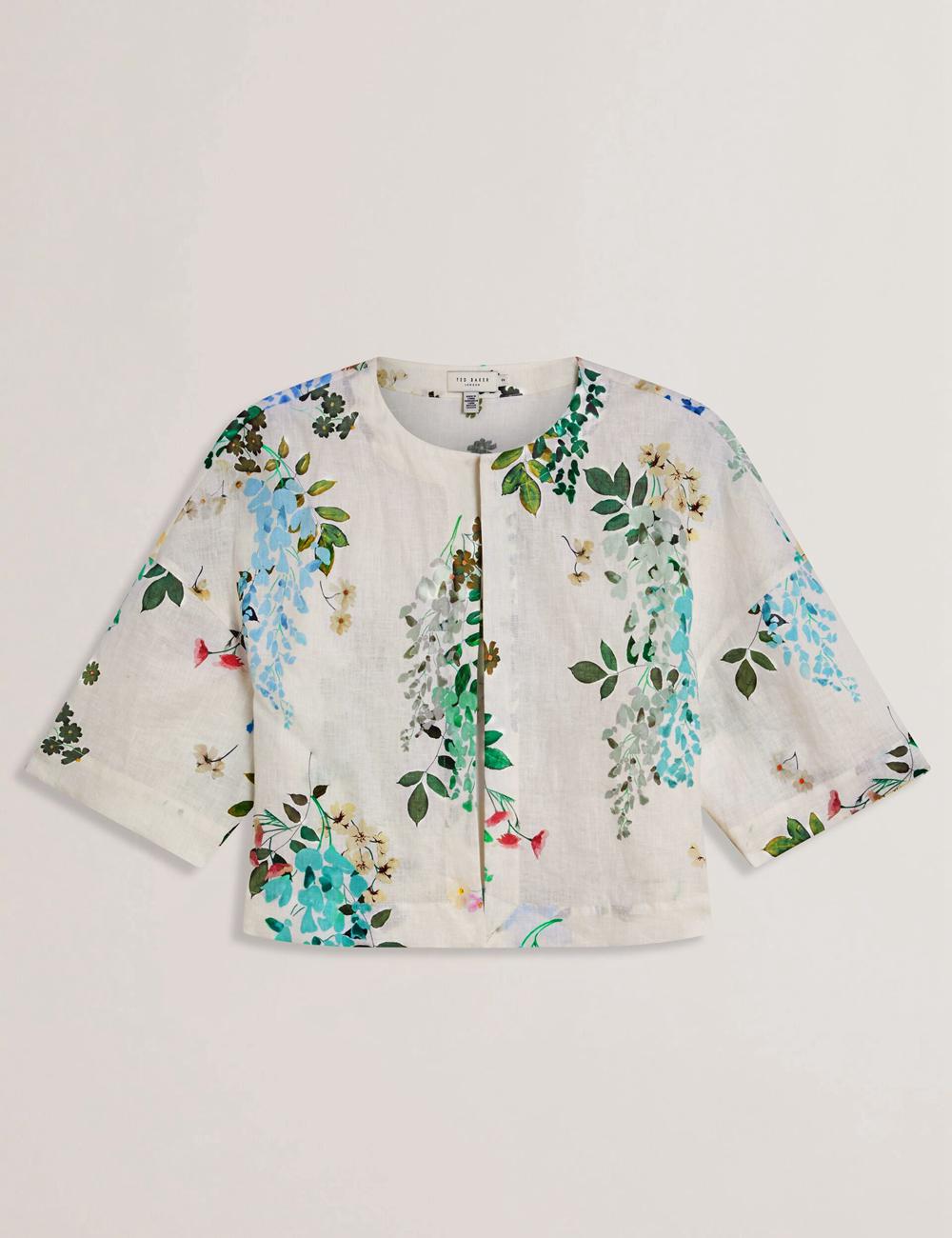 Women Ted Baker KALNA - Printed Linen Short Sleeve Cropped Shirt Tops White | KSA  2891-WDVHN