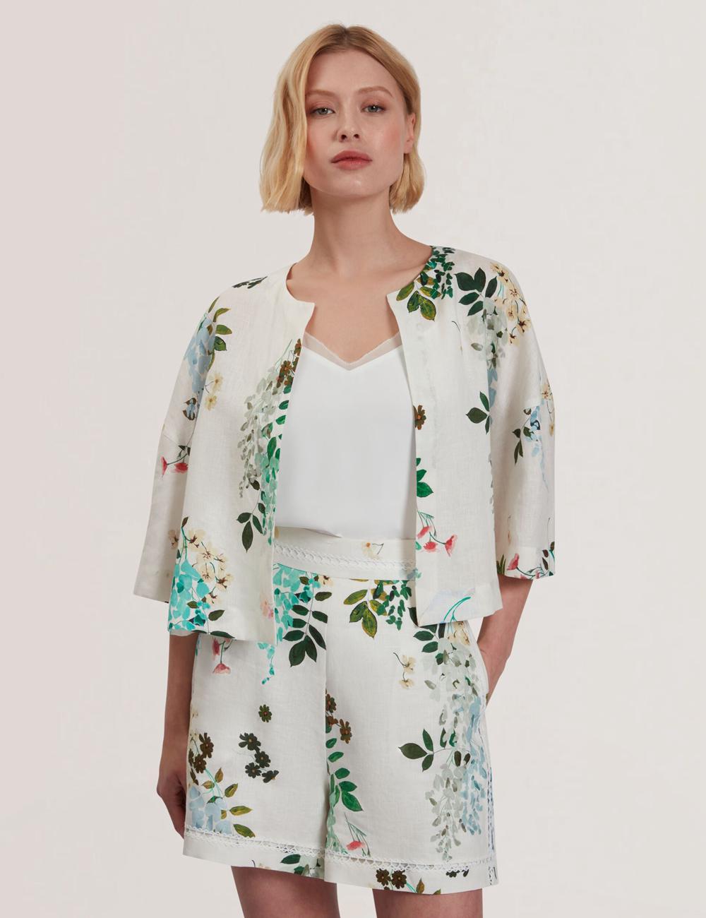 Women Ted Baker KALNA - Printed Linen Short Sleeve Cropped Shirt Tops White | KSA  2891-WDVHN