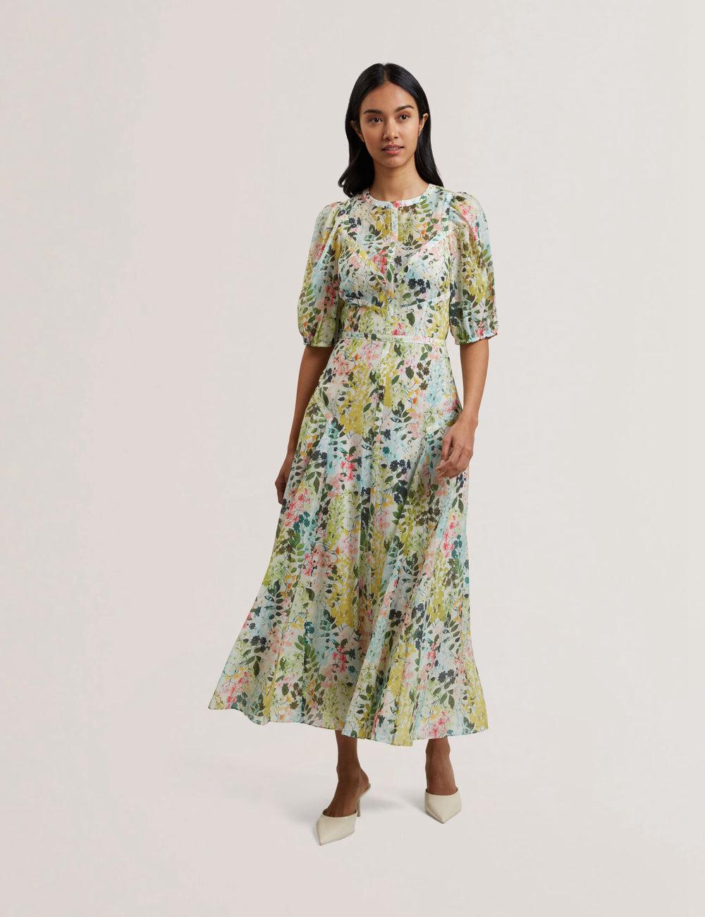 Women Ted Baker KANDEA - Floral Puff Sleeve A-Line Midi Dresses Ivory | KSA  7190-QGLYW