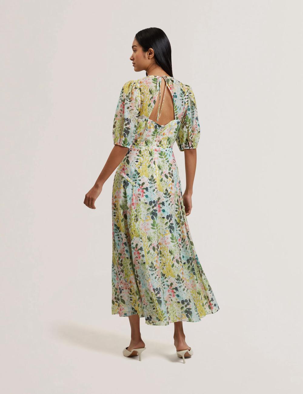 Women Ted Baker KANDEA - Floral Puff Sleeve A-Line Midi Dresses Ivory | KSA  7190-QGLYW