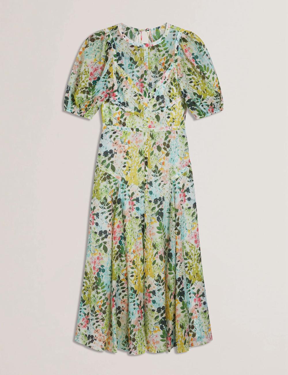 Women Ted Baker KANDEA - Floral Puff Sleeve A-Line Midi Dresses Ivory | KSA  7190-QGLYW
