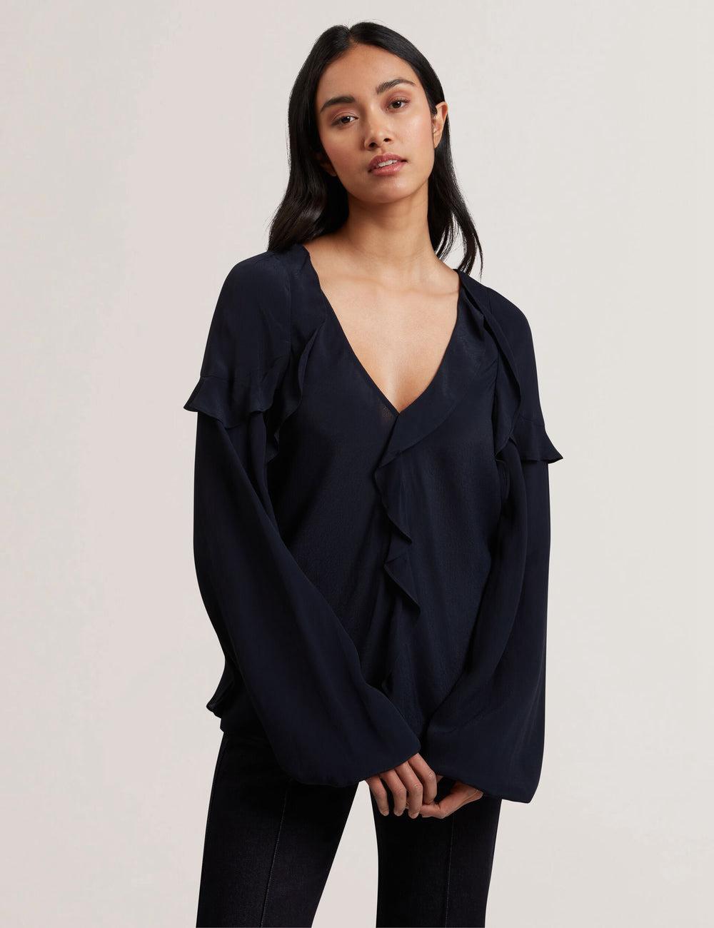Women Ted Baker KAYFA - Waterfall Ruffle Trim Long Sleeve Blouses Navy | KSA  5794-MCHJG
