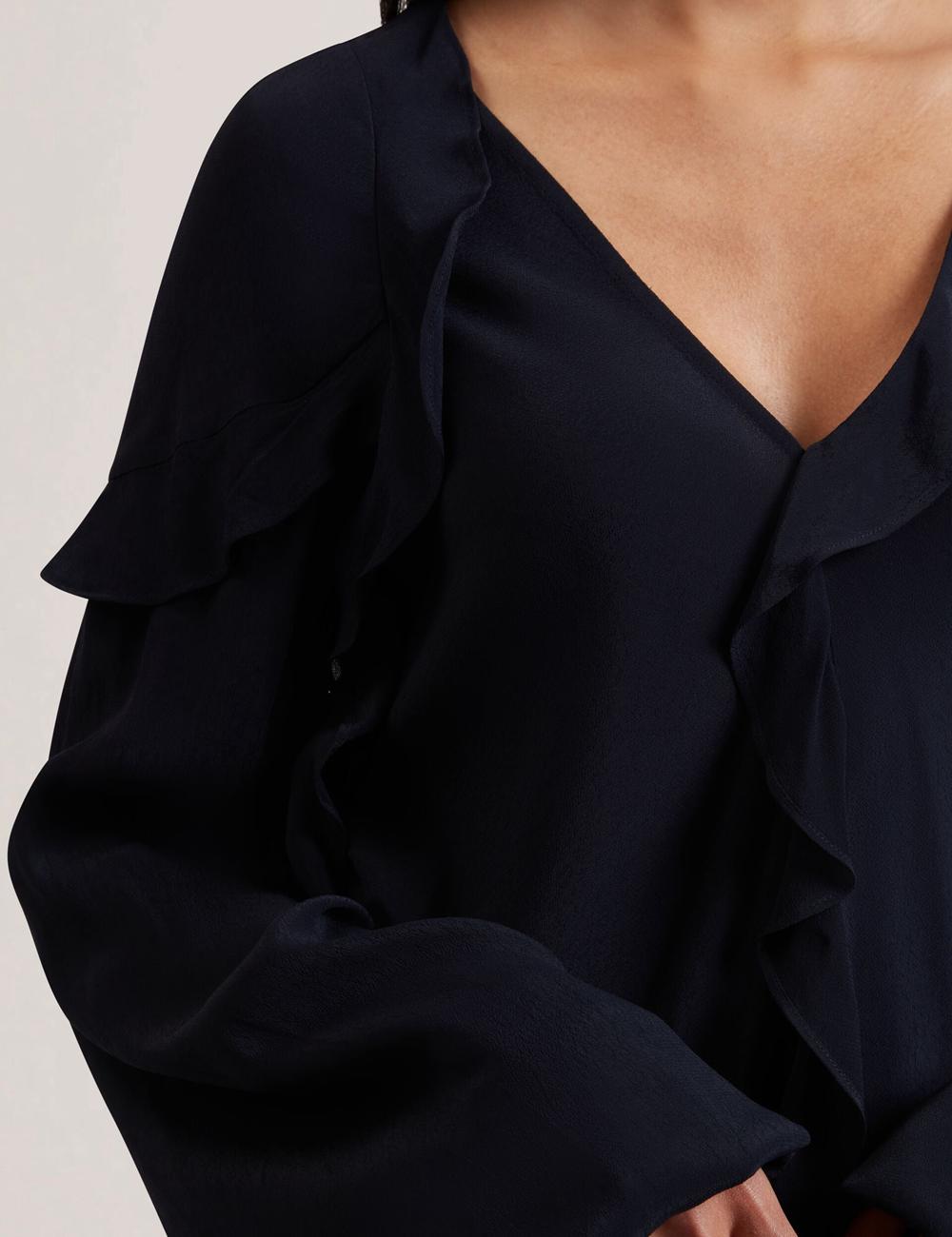 Women Ted Baker KAYFA - Waterfall Ruffle Trim Long Sleeve Blouses Navy | KSA  5794-MCHJG