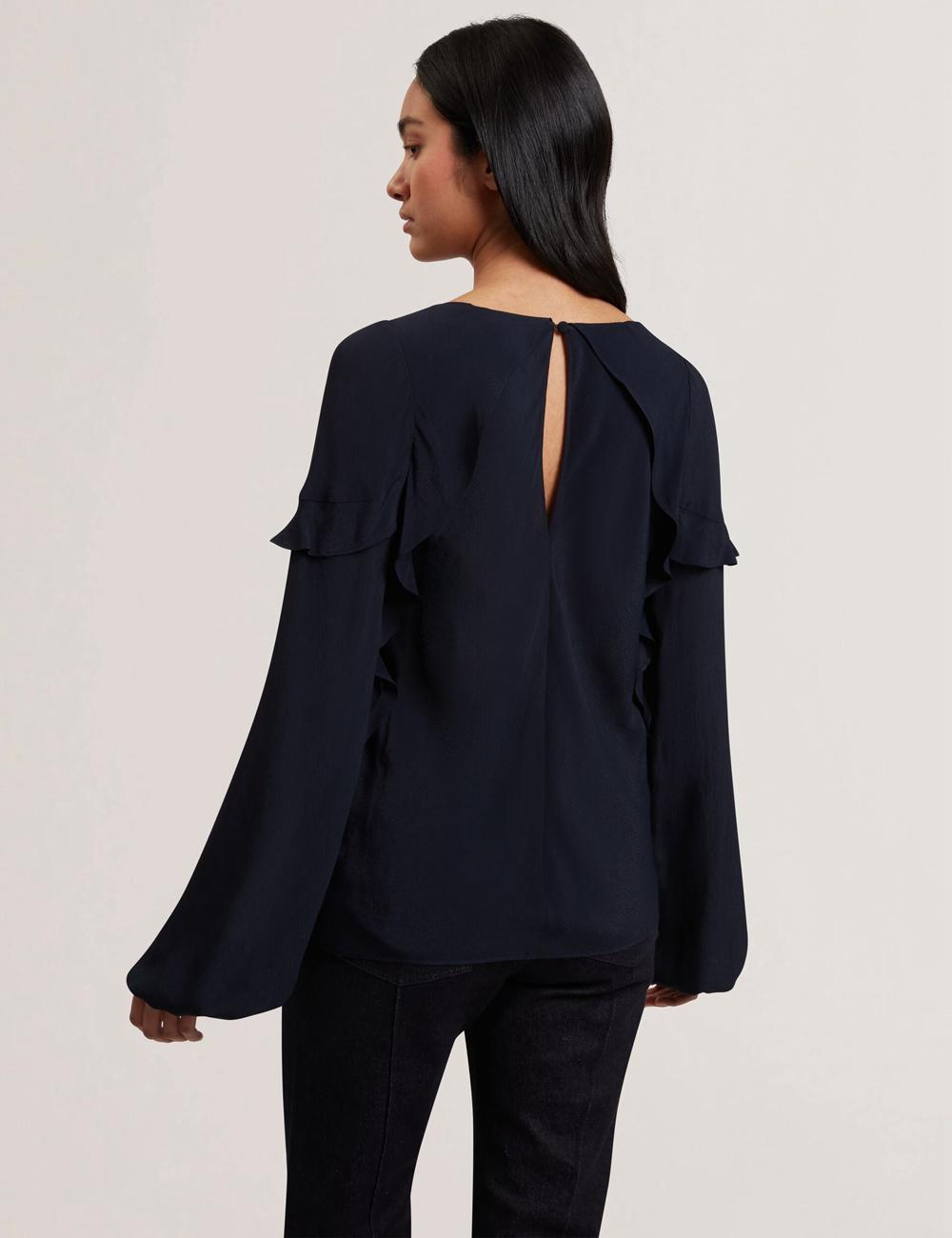 Women Ted Baker KAYFA - Waterfall Ruffle Trim Long Sleeve Blouses Navy | KSA  5794-MCHJG