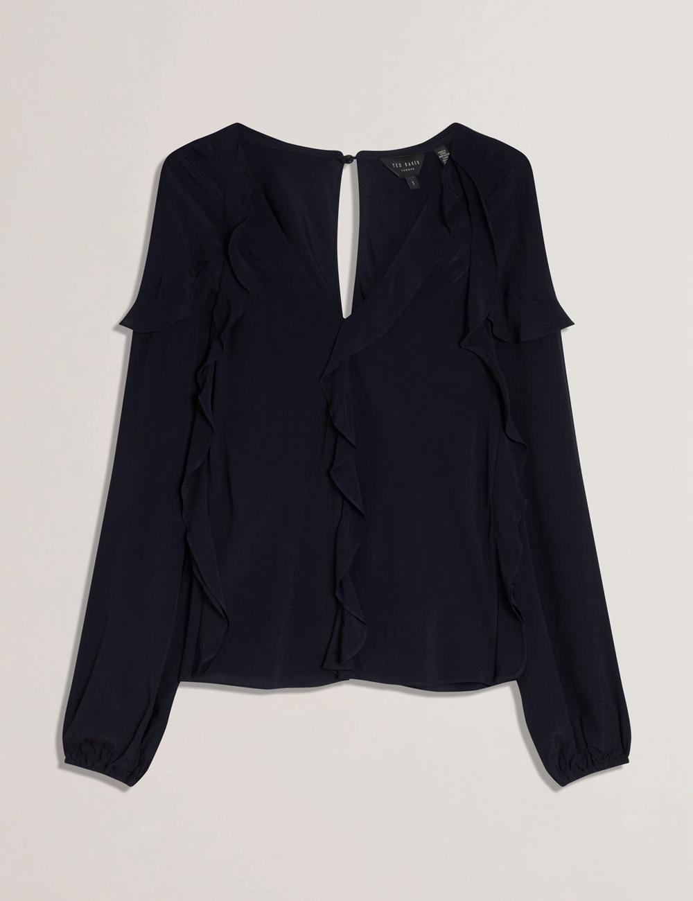 Women Ted Baker KAYFA - Waterfall Ruffle Trim Long Sleeve Blouses Navy | KSA  5794-MCHJG