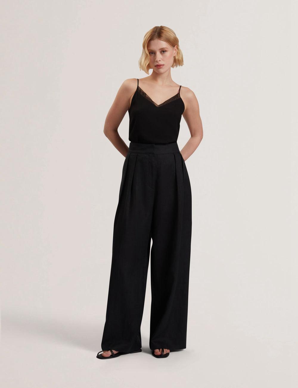 Women Ted Baker KYFAAT - Pure Linen Tailored Wide Leg Trousers Black | KSA  3506-VMDGL