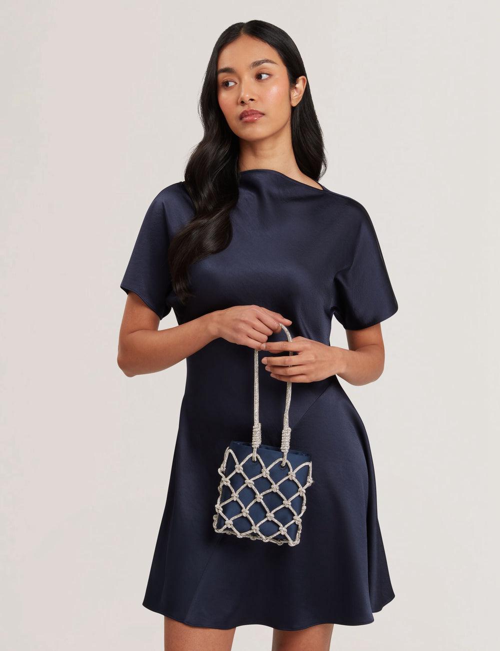 Women Ted Baker KYLIA - Crystal Cage Satin Mini Shoulder Bags Navy | KSA  8670-QIHZO