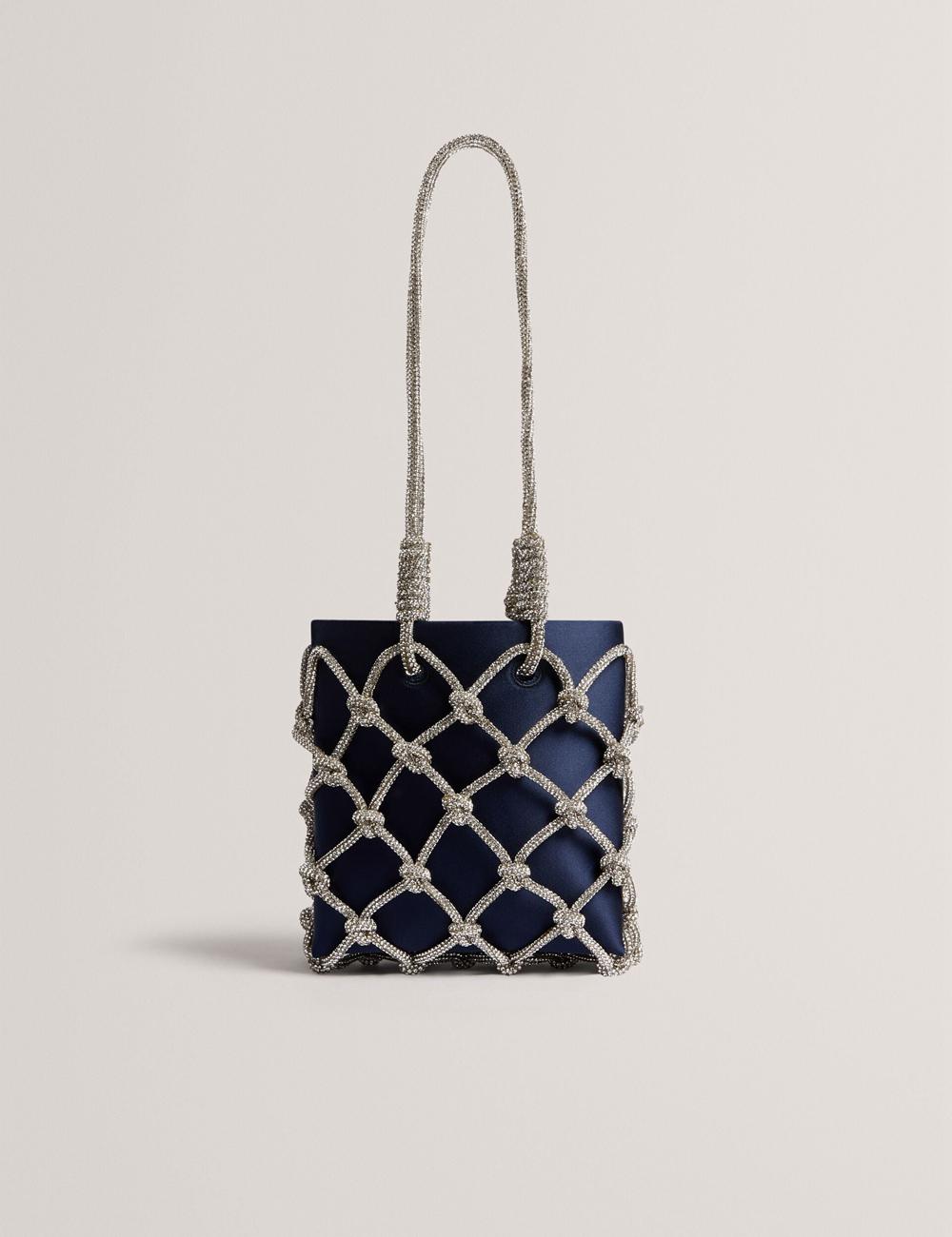 Women Ted Baker KYLIA - Crystal Cage Satin Mini Shoulder Bags Navy | KSA  8670-QIHZO