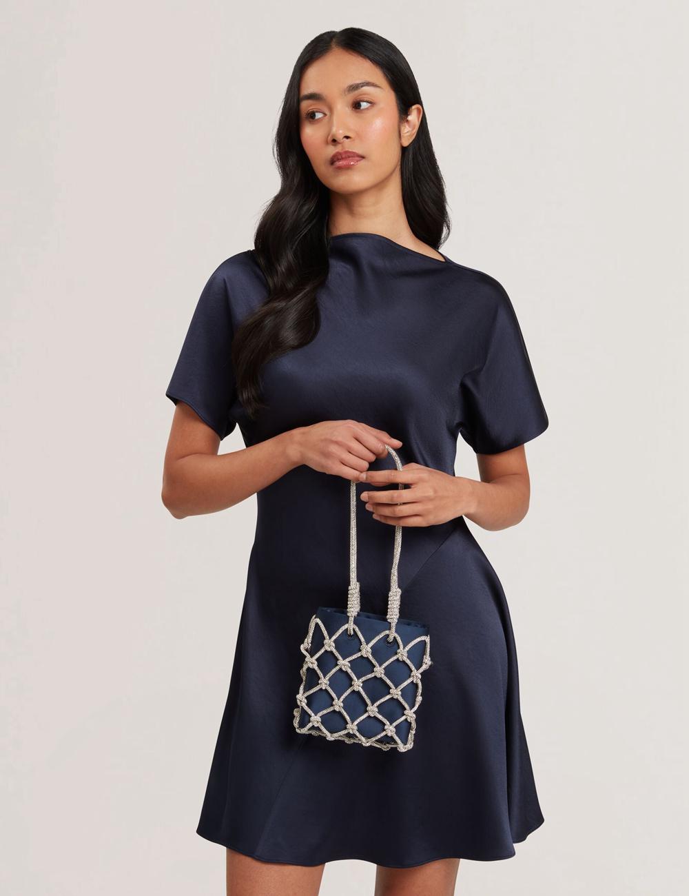 Women Ted Baker KYLIA - Crystal Cage Satin Mini Shoulder Bags Navy | KSA  8670-QIHZO