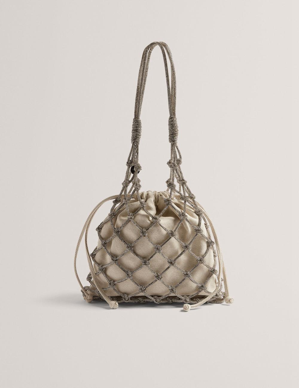 Women Ted Baker KYLISA - Crystal Cage Top Handle Canvas Bucket Bags Silver | KSA  0958-CGSDU
