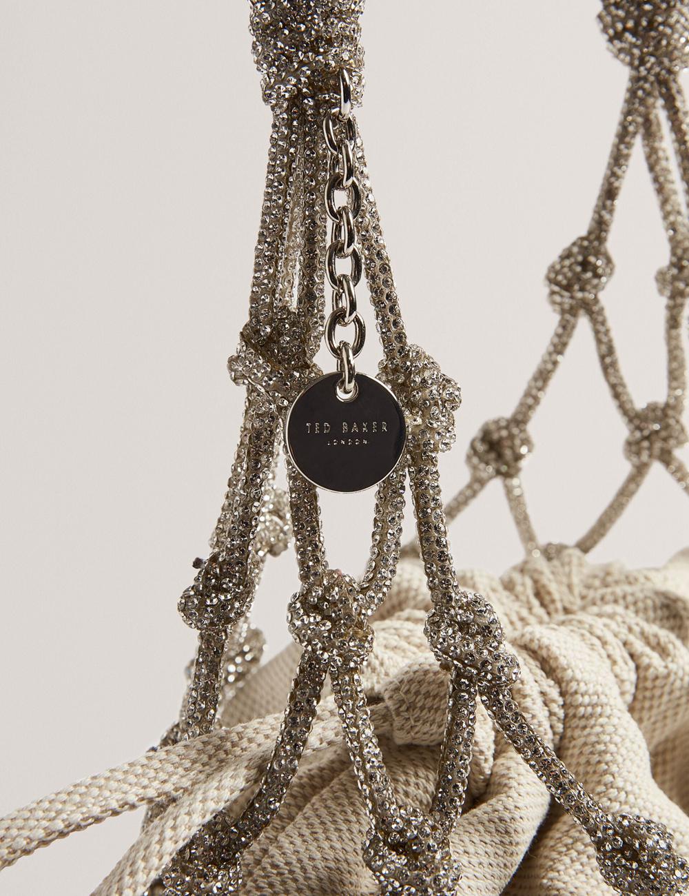 Women Ted Baker KYLISA - Crystal Cage Top Handle Canvas Bucket Bags Silver | KSA  0958-CGSDU