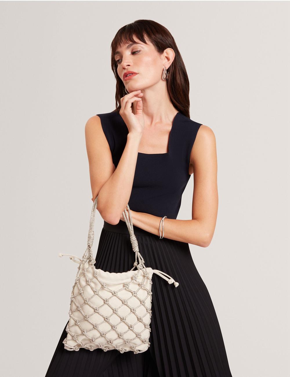 Women Ted Baker KYLISA - Crystal Cage Top Handle Canvas Bucket Bags Silver | KSA  0958-CGSDU