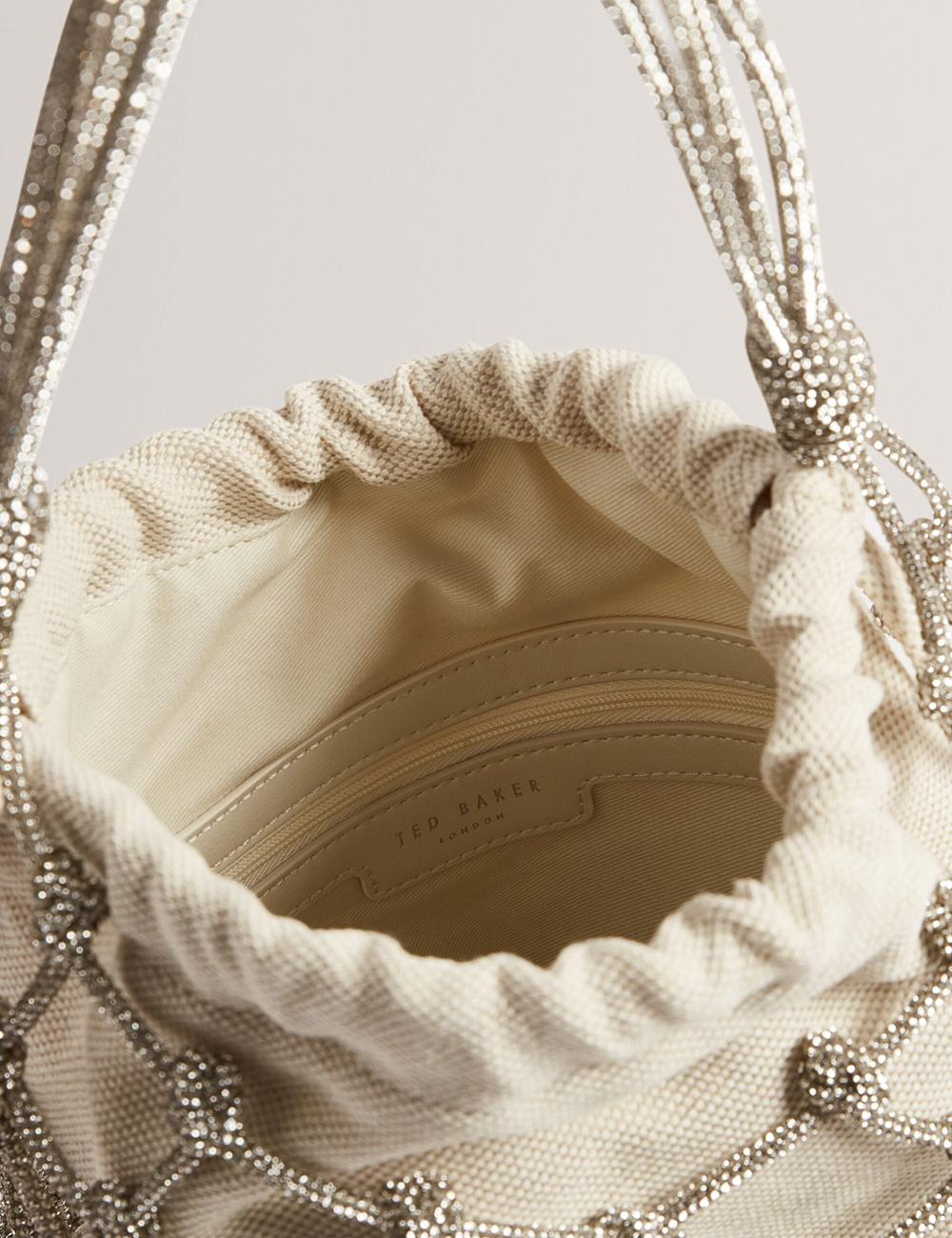 Women Ted Baker KYLISA - Crystal Cage Top Handle Canvas Bucket Bags Silver | KSA  0958-CGSDU