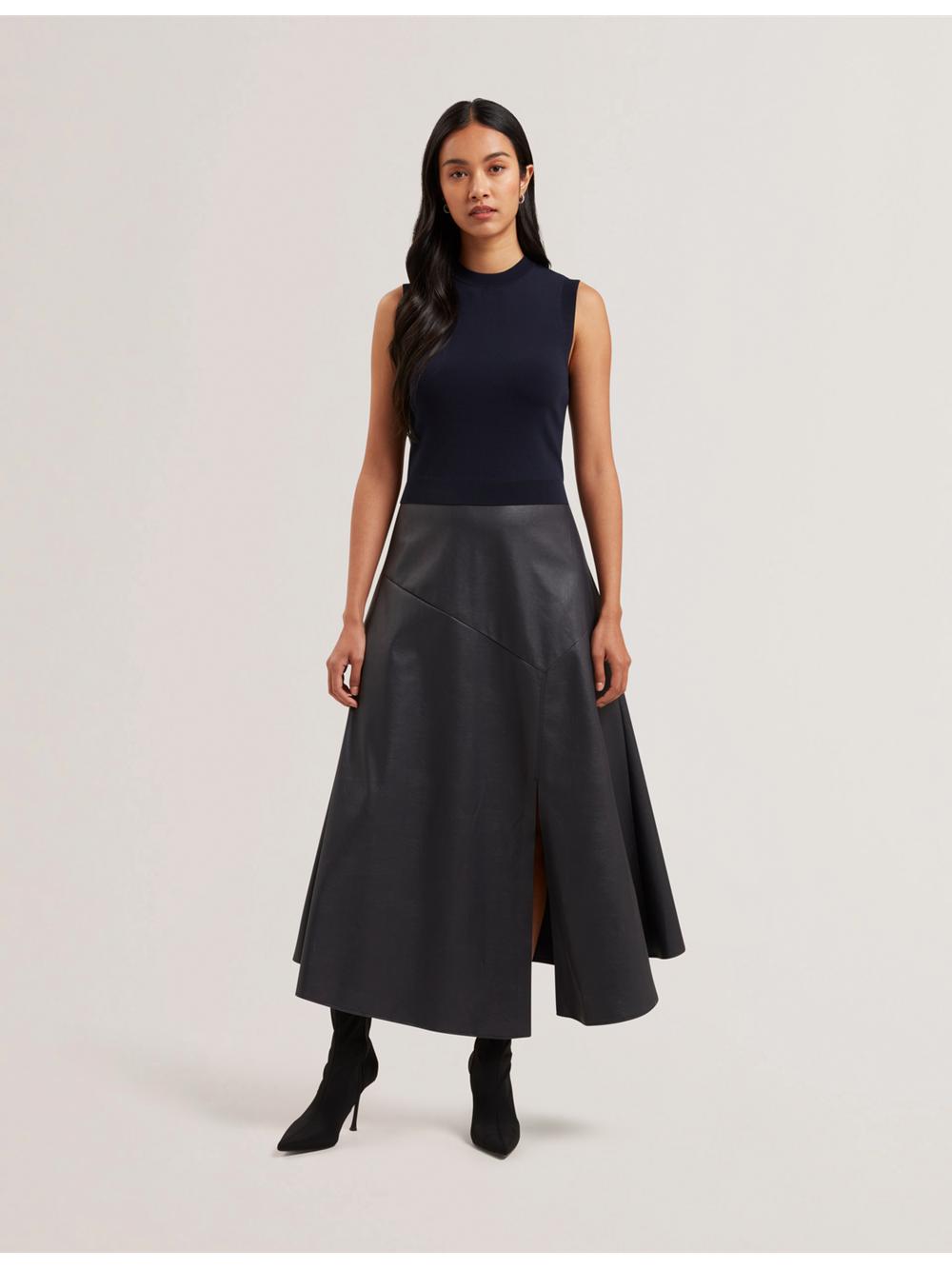 Women Ted Baker LABASA - Sleeveless Knit Faux Leather Midi Dresses Navy | KSA  1908-EPDQO