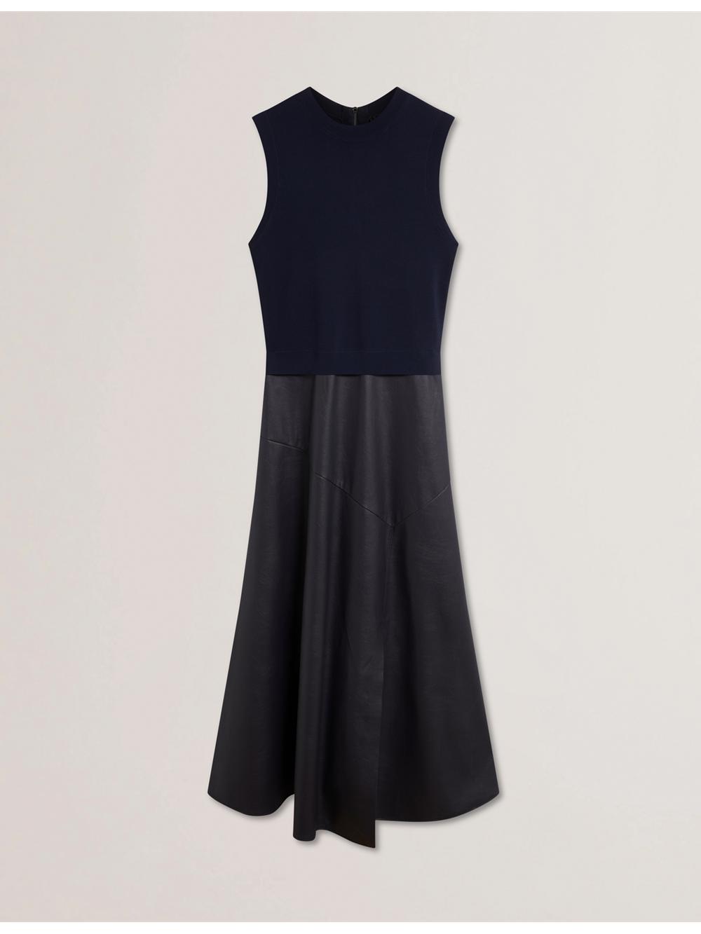 Women Ted Baker LABASA - Sleeveless Knit Faux Leather Midi Dresses Navy | KSA  1908-EPDQO